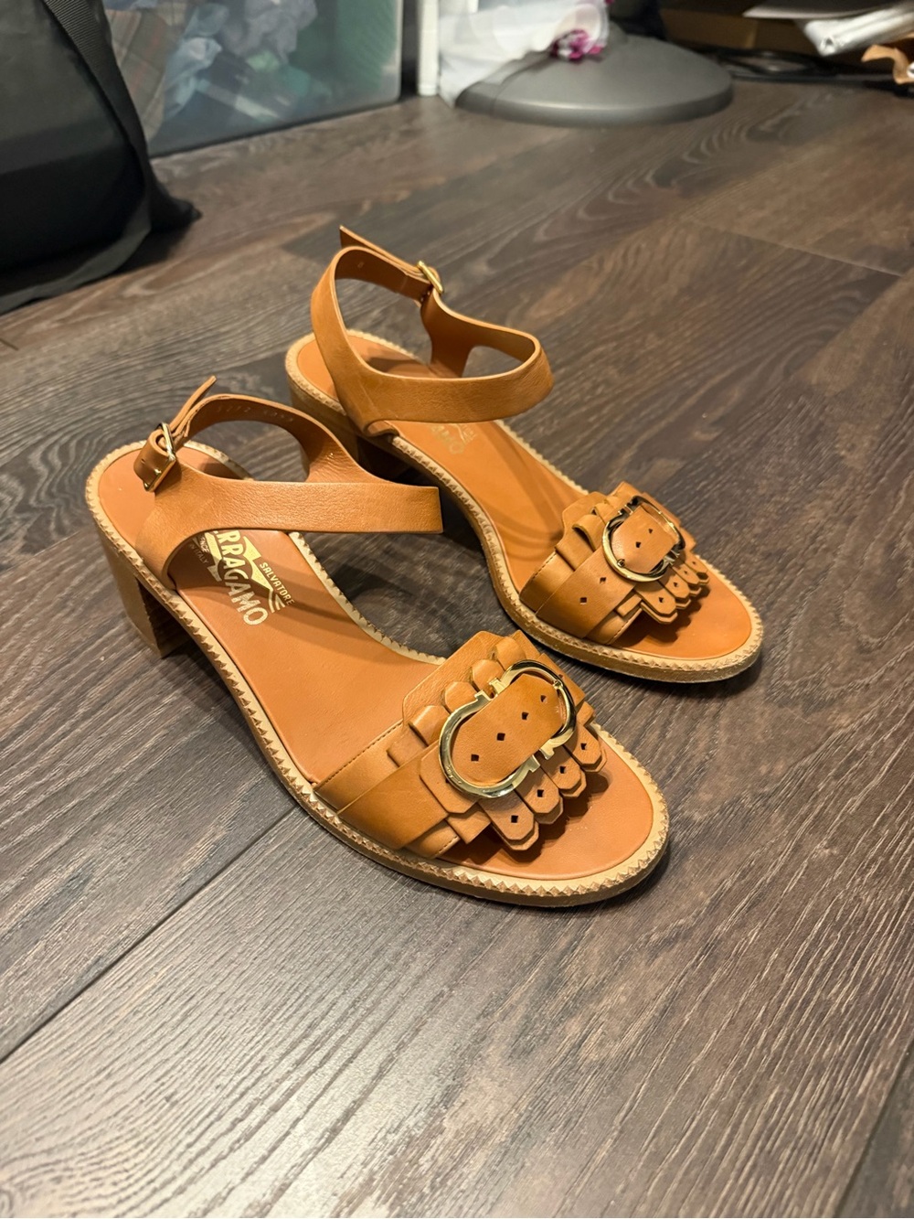 Salvatore Ferragamo Cognac Tan Block Heel Buckle Sandals - Size 10